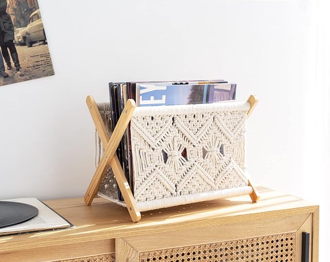 Mkono Macrame Magazine Holder, Boho Woven Book Rack Basket, 14" L x 10" W | Boho Decor, Mail Paper Vinyl Storage, Living Room Bedroom Bathroom Nursery Dorm Office, Handwoven,Space-Saving, Ivory
