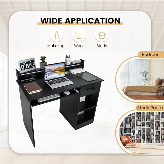GOFLAME Computer Desk, Home Office Desk with Large Drawers, Hutch, Keyboard Tray, 5-Position Adjustable Open Shelves, Easy Assembly, Writing Desk for Bedroom, Small Space, Living Room, Black