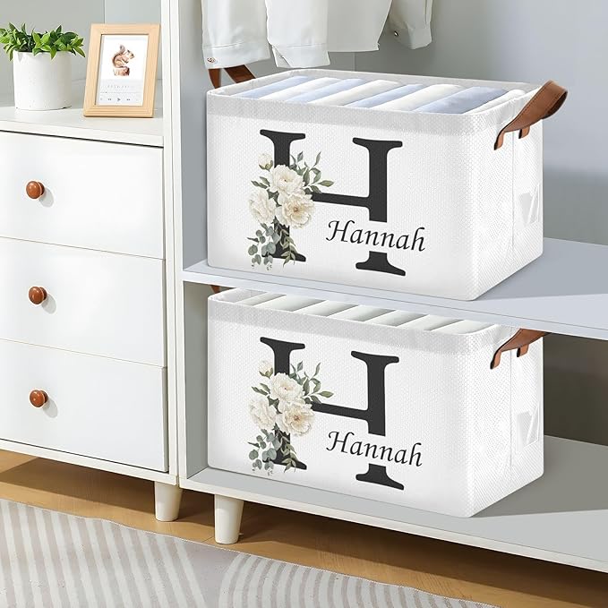 Personalized Storage Basket with Handles&Clear Labels Folding Laundry Basket Floral Custom Name Basket Collapsible Cubes Organizer Bins for Home Wedding Gifts Kids Room Shelf Closet, 2 Pack
