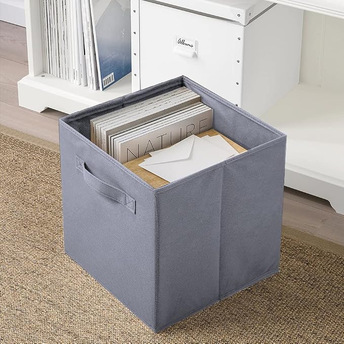 PowerKing Collapsible Storage Cubes, Farbic Storage Bins, Grey, 6 Pack | Sturdy, Lightweight, Easy Pull Handle, Closet & Shelf Organizer, Clothes and Toys Storage, 10.5'' x 11'' x 10.5''