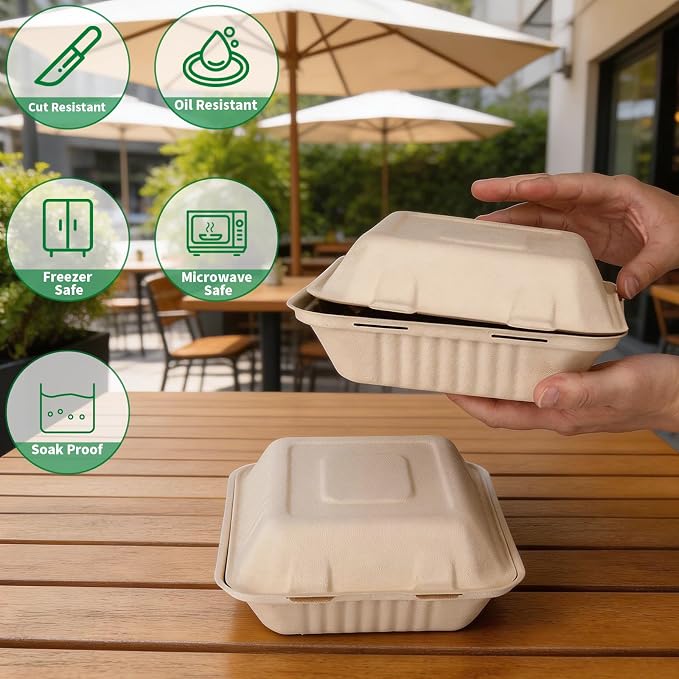 Aricsen Compostable 1 Compartment 100 Pack 8×9 Inch TakeOut Lunch Box Containers with Lid Togo Take Out Clamshell for Food, To Go Disposable Eco-Friendly Biodegradable Bagasse, PFAS-Free, Brown