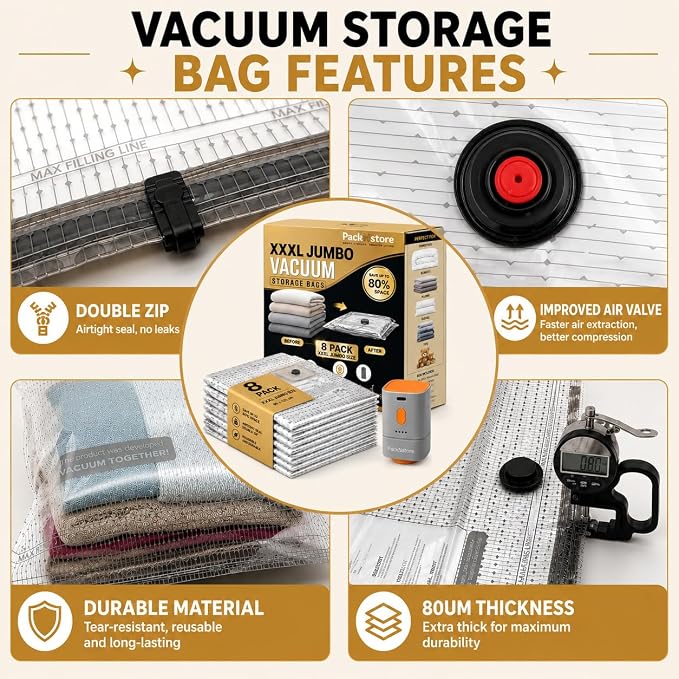 Vacuum Storage Bags Jumbo XXXL 8 Pack (37.5×49.2 In) with Electric Pump, Thick Space Saver Bags, Double Zipper Airtight Seal, Reusable Vacuum Compression Bags for Clothes, Bedding, Comforters Pillows