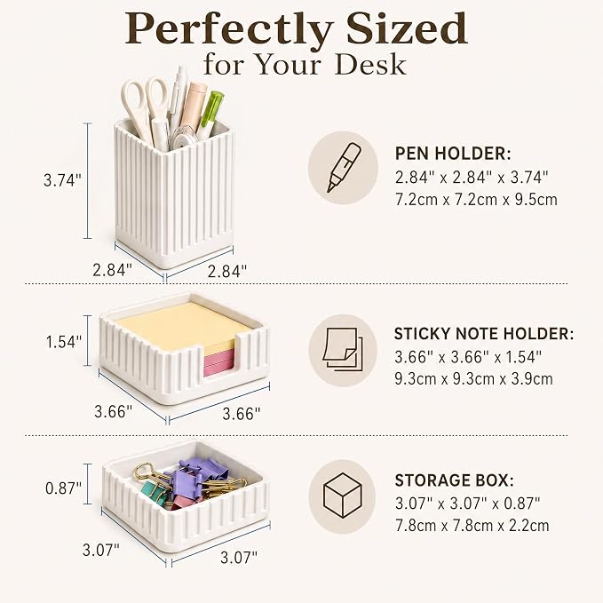 Desk Organizer Set of 3 for Office Accessories - Includes Pen Holder, Paperclip Storage, and Sticky Note Holder - Aesthetic Concrete Desktop Accessories for Women or Men, Office Decor (White)