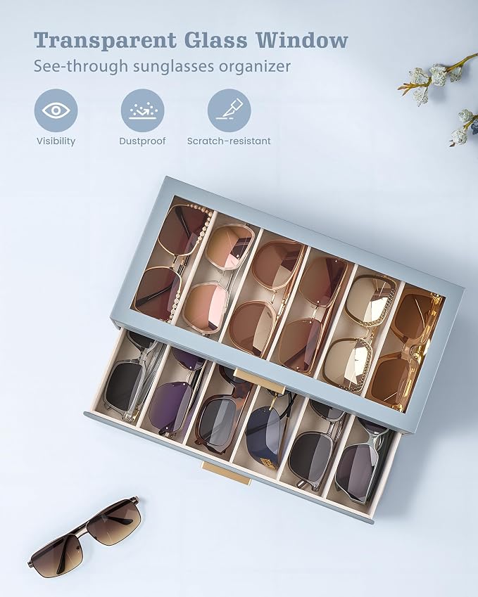 Lolalet Sunglasses Storage Box for Women, Eyewear Eye Glass Organizer with Clear Top Display Holder Case