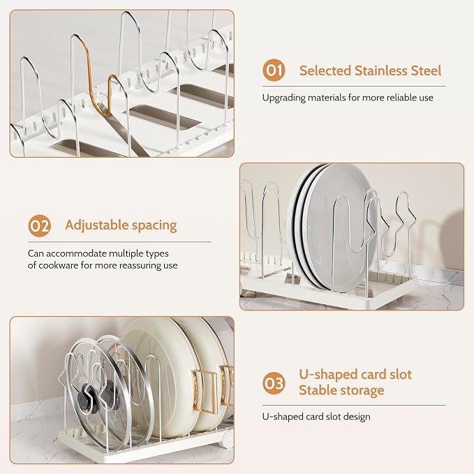 CEHNCEH Pots and Pans Organizer under Cabinet for Cabinet and Countertop Longest 28.5 in Foldable Adjustable 8-Tier Pan Organizer Rack Perfect to Store Pots, Kitchen Cabinet Organizer (White)