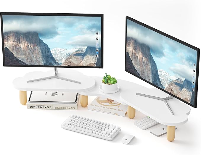 AFOOYO Dual Monitor Stand Riser,Rainbow Cloud Desktop Computer Stand for 2 Monitors,Adjustable Length and Angle Multifunctional Desktop Organizer Stand for Laptop, PC, Computer, Printer,White