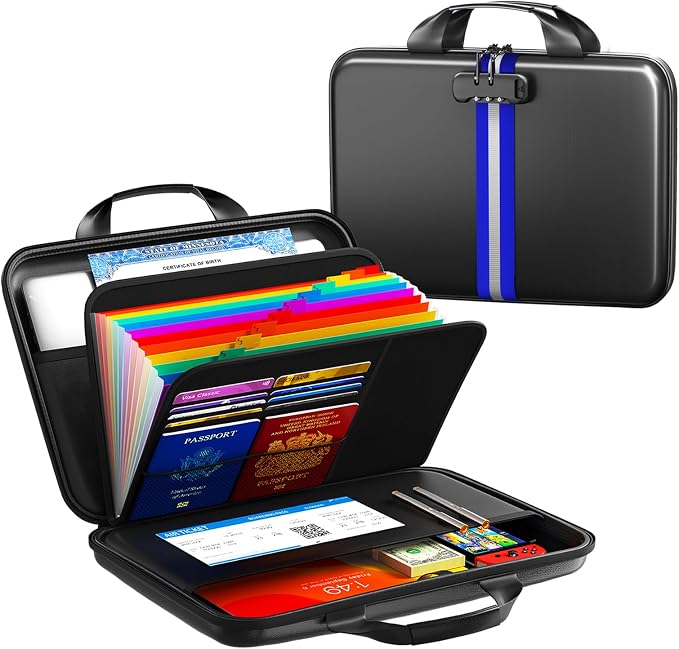 Fireproof Document Organizer with Lock, Rigid EVA File Box with 13-Pocket Accordion Folder for Important Documents & Tablets under 11", Lightweight Safe Storage for Home, Office & Travel (Small Size)