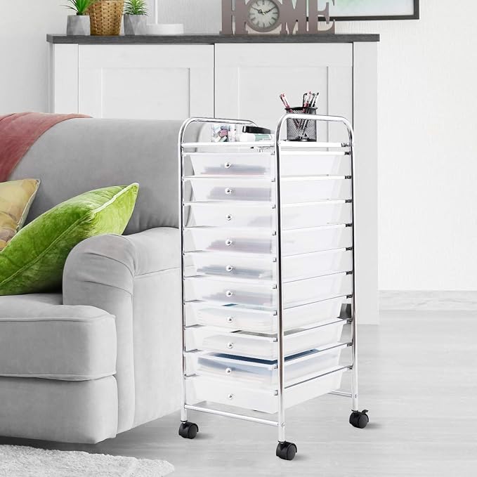 Happygrill 10-Drawer Storage Cart, Utility Cart with Removable Drawers & Metal Frame, Rolling Storage Cart with Lockable Wheels for Home, Office, Clear