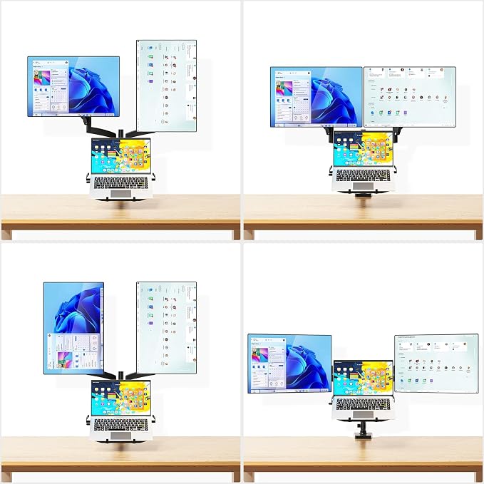 WALI Triple Arm Laptop and Dual Monitor Desk Mount for 17" Notebook and Up to 32" Screens, Adjustable Monitor Arms with Tilt Swivel Rotation, VESA 75x75 100x100, Black (GSDM003LP)