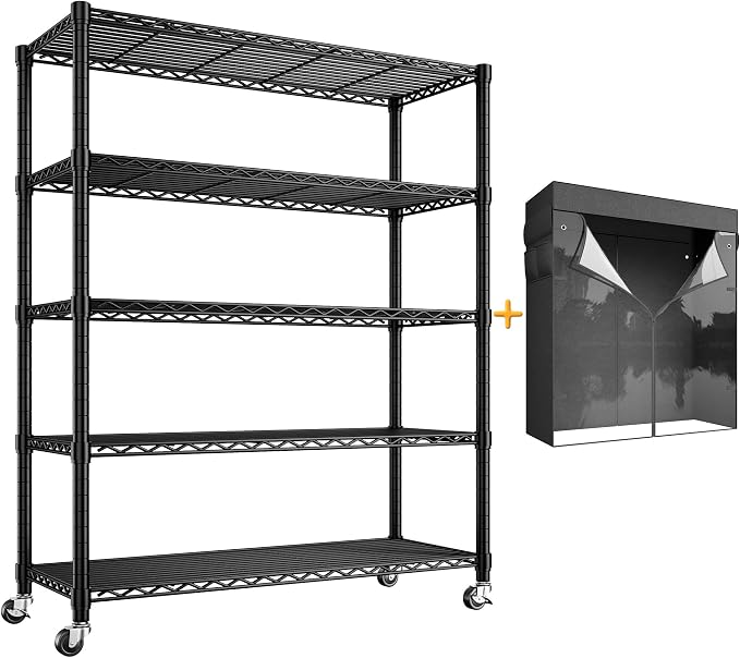 REIBII 72.8" H Storage Shelves with Cover & Wheels, Wire Shelving Heavy Duty Metal Shelving for Pantry Kitchen Garage, Storage Rack Shelf Shelving for Commercial Industrail, 35" W*16" D*72.8" H