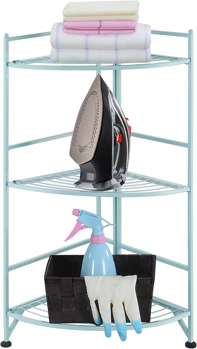 Convenience Concepts Xtra Storage 3 Tier Folding Metal Corner Shelf, Sea Foam