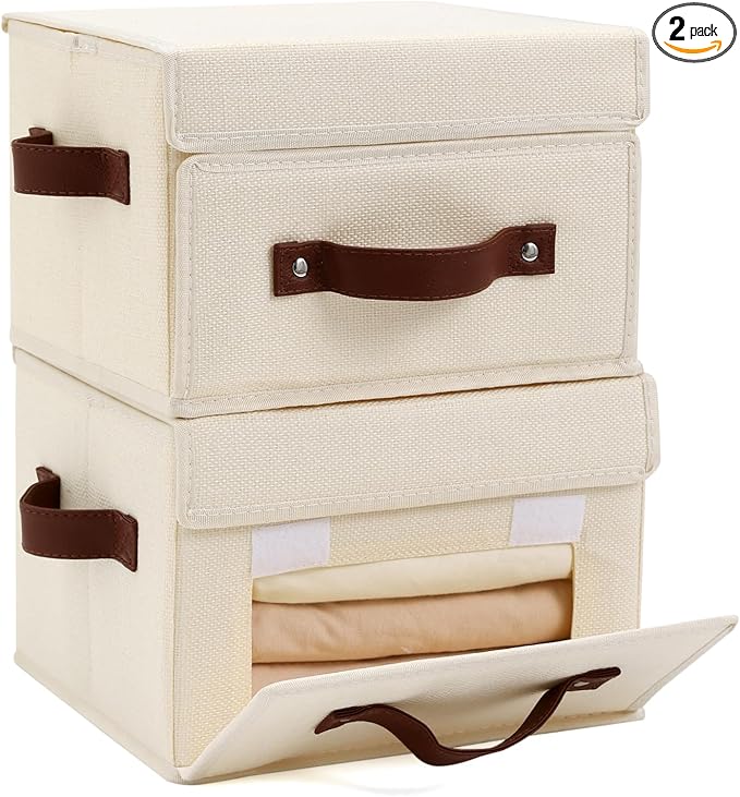 2PCS Storage Bins Box with Lids Front Opening Window Decorative Cotton Linen Fabric Basket PU Leather Handles PP Board Foldable Washable Shelf Closet Organizer Container (Beige, Small)