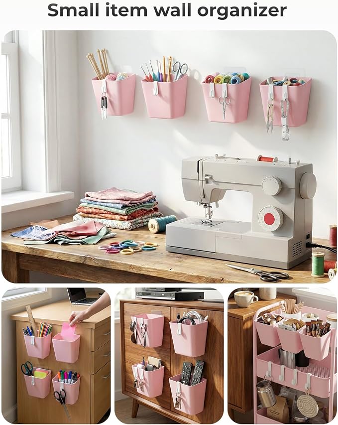 4 Pack Rolling Cart Accessories, Pink Craft Cart Cup Holder and 6 Hooks for Utility Carts, Adhesive Kitchen Cabinet Door Storage, Space-Saving Wall Mount Organizer for Bathroom, Office, Makeup