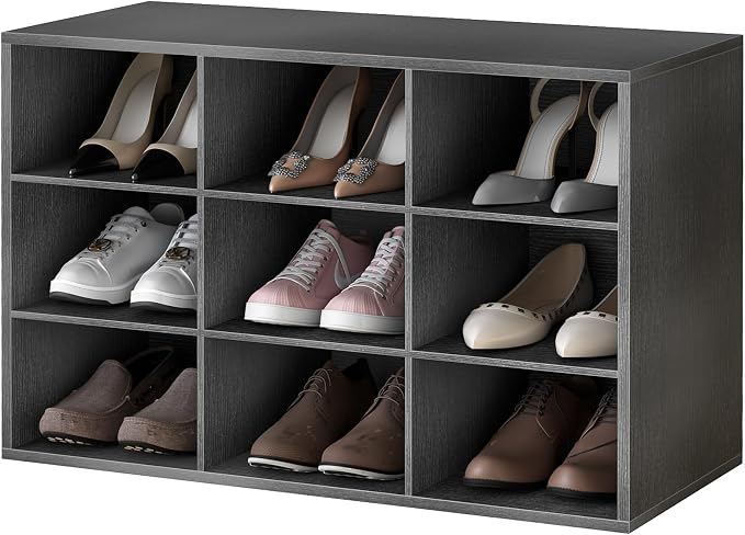 Garden 4 you Shoe Storage Bench, Cubby Shoe Rack with 9 Cubbies, 3-Tier Wood Shoe Rack Organizer, Shoe Organizer Cabinet for Entryway, Hallway, Closet and Garage, Black