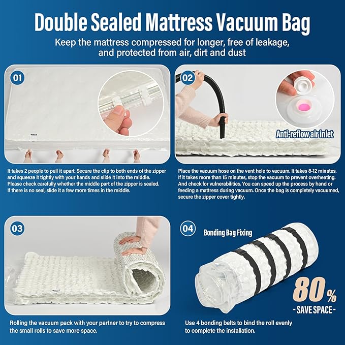 Queen/Full/Full-XL Mattress Vacuum Bag - 80% Space-Saving Compression with Heavy Duty Moving Straps and Leakproof Dual-Zip | Includes Canvas Organizer & Smart Label System