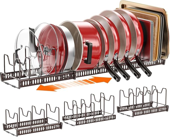 3 Pack Expandable Pan Organizer for Cabinet,Pot Lid Holder Rack with 14 Adjustable Compartment for Kitchen Cabinet Cookware Baking Frying Rack, Bronze