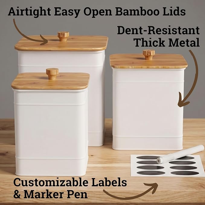 Kitchen Canisters for Countertop Set of 3 w/ Chalkboard Labels & Marker Pen | Airtight Easy Open Bamboo Lids, Dent-Resistant Thick Metal, Customizable Chalkboard Labels, Marker Pen Included, Set of 3