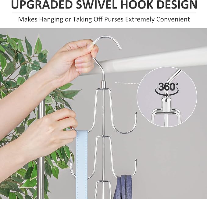 ZEDODIER Purse Organizer for Closet, Rotatable Purse Hanger Bag Holder, Max 8 Storage Capacity Backpack Rack, Metal Space Saving Hanger, Silver