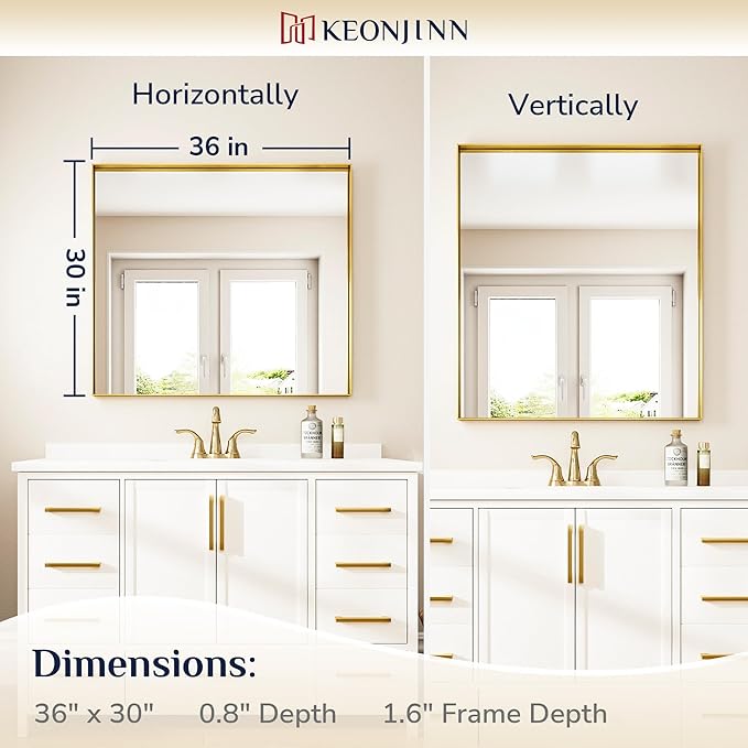 Keonjinn 30 x 36 in Brushed Gold Bathroom Mirror for Over Sink Metal Framed Rectangular Wall Mirror Shiny Gold Mirror for Vanity Aluminum Alloy Brass Gold Rectangle Mirror (Horizontal/Vertical)