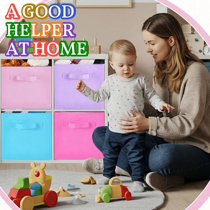 Yinder 4 Pcs Cube Storage Bin 10.5''x10.5''x11'' Storage Bins for Playroom Decor Colorful Bins for Kids Purple Foldable Baskets for Nursery Organizer Boxes Fabric Boxes(Blue, Purple, Pink, Rose Red)