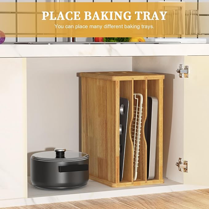 4 Tier Rubber Wood Tray Dividers for Cabinets, Heavy Weight Kitchen Vertical Tray Divider Organizer, Storing pans, Baking trays, Cutting Board(16.7" W x 8.9" H x 12.4" D)