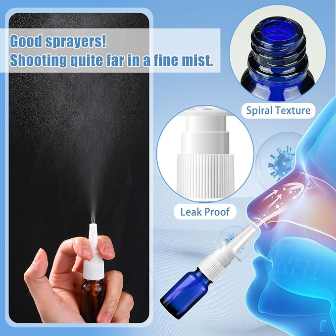 10 Pcs Nasal Spray Bottle, 10ML/0.35OZ Glass Brown and Bule Nasal Spray Bottles Empty Refillable with 2 Funnels and 2 Labels