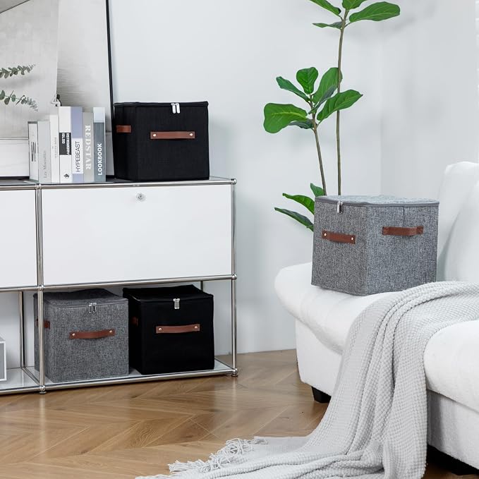 2PCS Storage Cubes with Zippered Lids Fabric Storage Bins Boxes | with 3 PU Leather Handles Cotton Linen Decorative Foldable Washable Lidded Shelf Closet Organizer Container (Gray, 11 Inch)