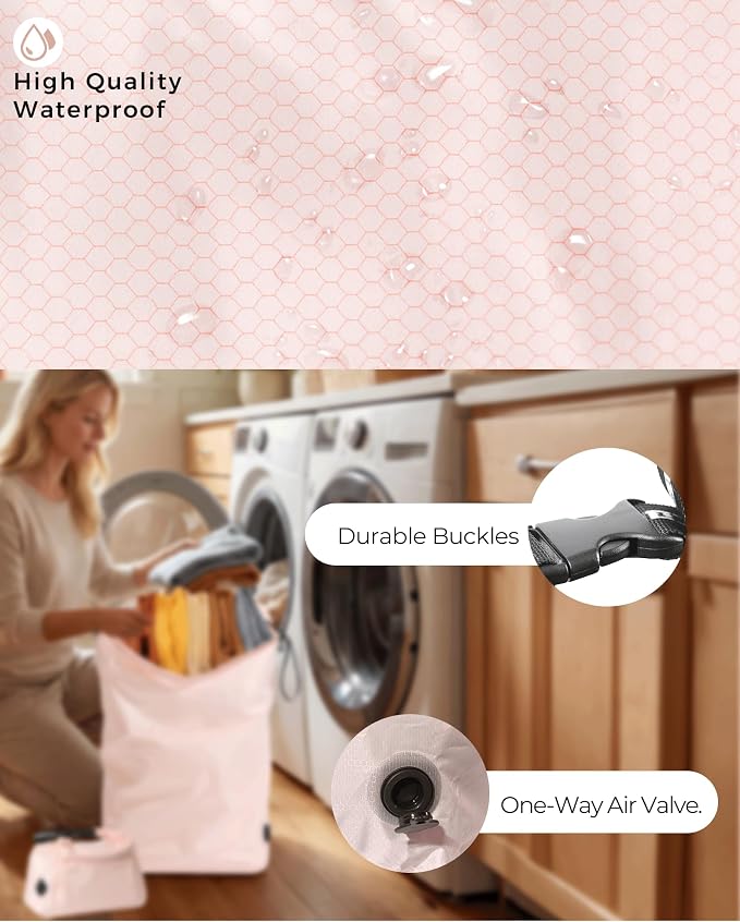 Compression Travel Laundry Bag for Dirty Clothes, Pump-Free Laundry Bag for Suitcase & Dorm, Waterproof Wet Dry Clothes Organizer, Large Capacity Space Saving Travel Bag (1 Pcs)(Pink, L)