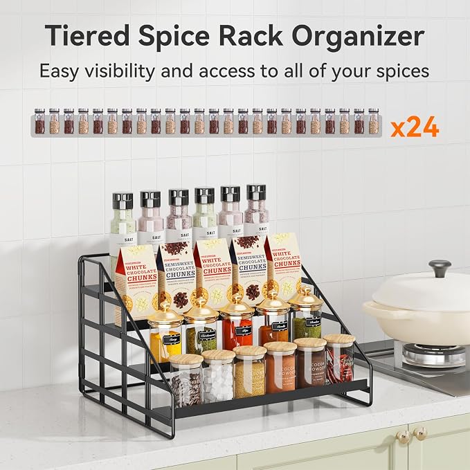 Bunoxea 4 Tier Adjustable Spice Rack for Cabinet & Countertop, Black 2Pack | Depth Adjustable,Anti-drop Guard Rail,Tiered Cabinet Organizer,Holds 24+ Jars,for Cabinet, Pantry & Kitchen Countertop