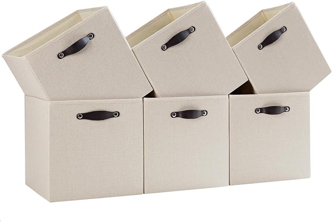 Cube Storage Bins | 13"x13"x13", Beige, 6 Pack | Multi-Size | 2X Thick Support Board | Vegan Leather Handles | 7.7 oz/yd² Fabric | 13"x13" Drawer Insert Basket