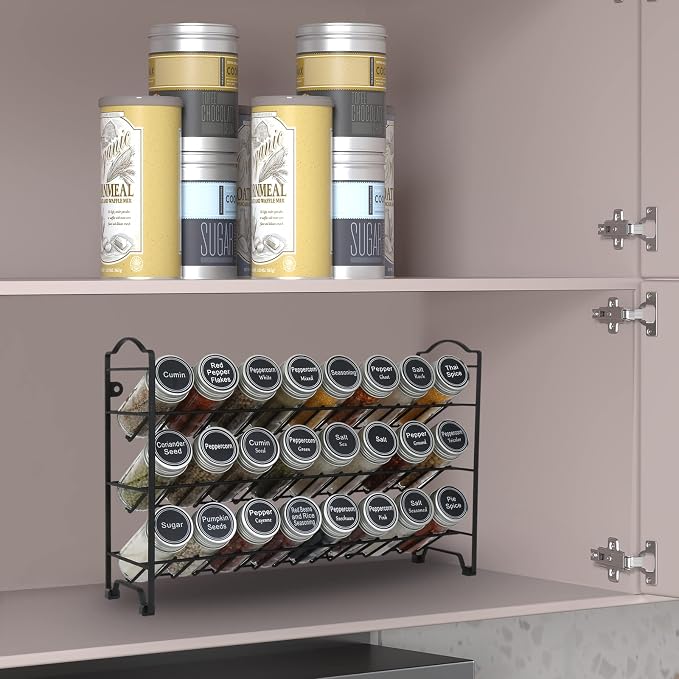 SWOMMOLY 3 Tier Spice Rack Organizer with 24 Empty Round Spice Jars, 396 Spice Labels, Funnel and Chalk Marker Complete Set, Black | Chalk Marker, Funnel Set for Cabinet, Countertop, Pantry, Cupboard or Door & Wall Mount - 24 Jars, 14.8" W × 9.8" H, Black