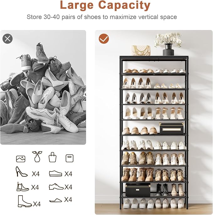 10-Tier Tall Shoe Rack Organizer Shoe Storage for Entryway 30-40 Pairs Metal Shoe Rack for Closet Heavy-Duty Shoe Rack with Wooden Top Shelf for Garage Black