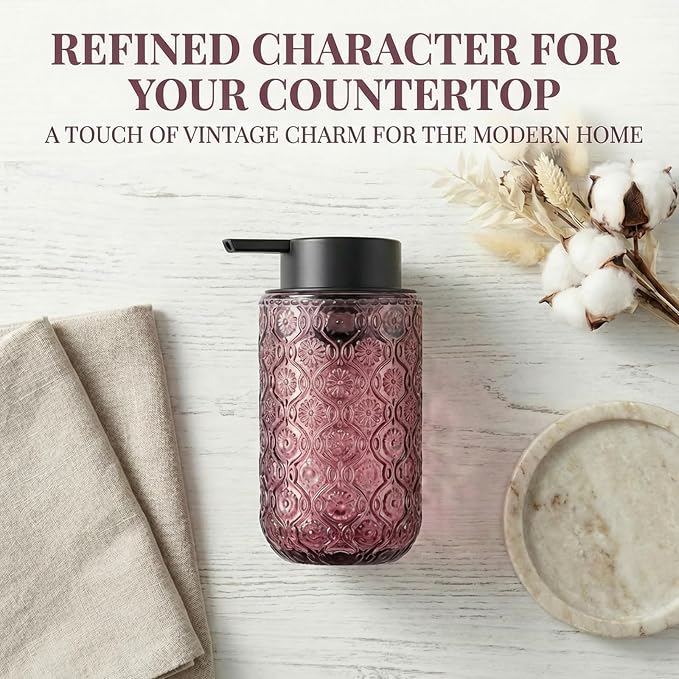 Pink Glass Liquid Hand Soap Dispenser with Matte Black Pump Thick Embossed Bottle Refillable for Bathroom and Kitchen Decor 13.5 oz