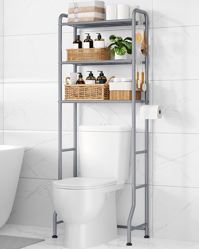 Kitsure Over Toilet Storage Rack, 63.2" H Space-Saving, Holder & Hooks | Bathroom, Laundry Room, Small Spaces, Families, Durable Metal, Grey, 3 Tier