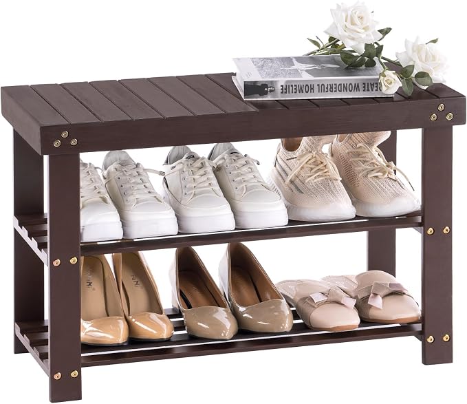 Apicizon Bamboo Shoe Rack for Entryway, 3-Tier Shoe Rack Bench for Front Indoor Entrance, Small Shoe Organizer with Storage, Dark Brown