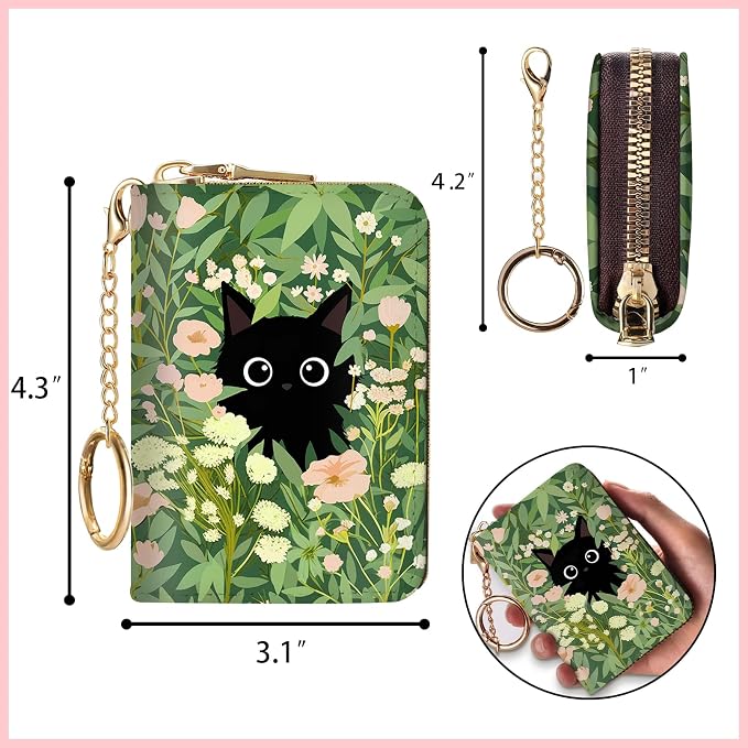 Blusabaca Women's Black Cat Floral RFID Wallet, Waterproof, Leather, 12 Card Slots, 2 Pockets for Coins, 2.5 in x 3.5 in | Removable Keychain, Case with Zipper, Vegan PU Leather, Cash Coin Pocket, Business Accordion Purse, Ladies Female Gift