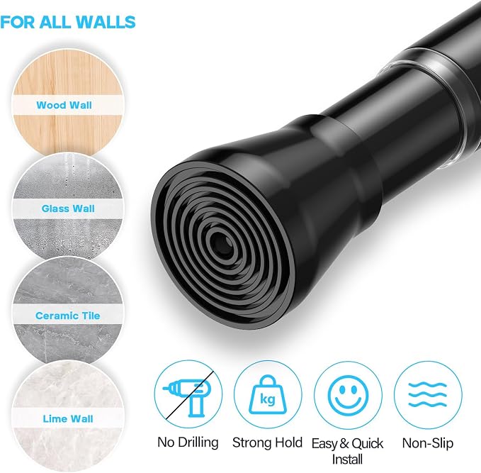 MEXAU 1Pack Black Tension Curtain Rod for Windows 29 to 64 inch, Never Rust adjustable curtain rod tension curtain rods no drilling，7/8 Inch spring loaded curtain rods for Doorway Closet Door