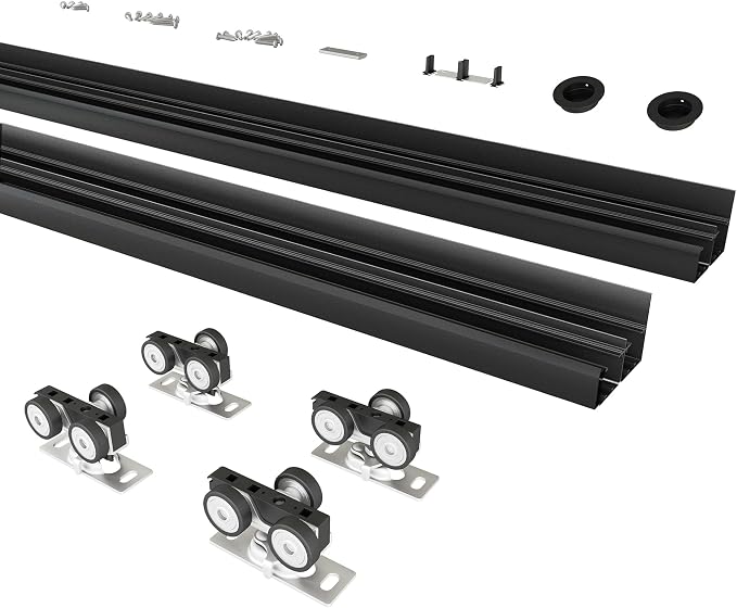 7FT/84(Double 3.5FT) Bypass Door Hardware, Aluminum Double-Closing Sliding Closet Door Hardware with Finger Pull Included, Smoothly and Quietly, Fit Door Thickness 1 3/8" or 1 3/4", Black