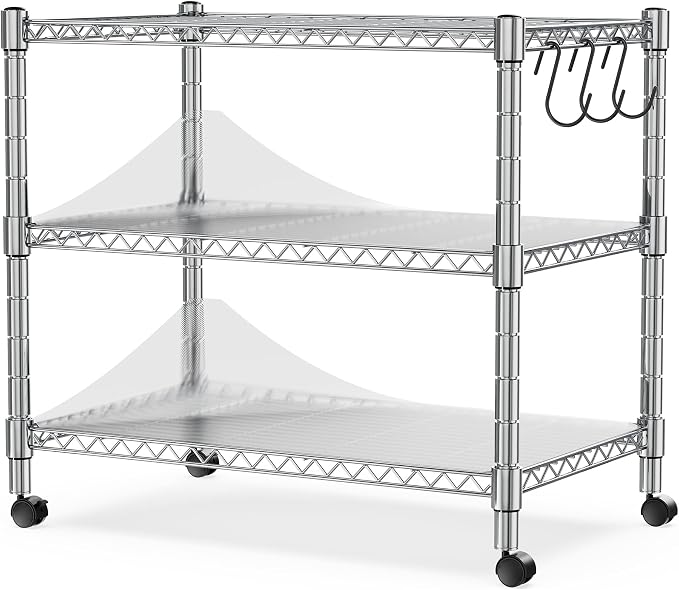 Heavy Duty 3-Shelf Shelving Unit, 24.02" W x 13.78" D x 21.97" H Chrome Steel Storage Rack with Wheels, 2 PP Shelf Liners and Hooks, Adjustable Under Desk Organizer for Kitchen, Office, Garage