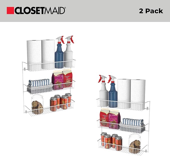 ClosetMaid 3-Tier Wall Rack Ideal for Spices, Pantry, Laundry Room Storage and More, 20" H x 19" W x 6" D, White, 2-Pack