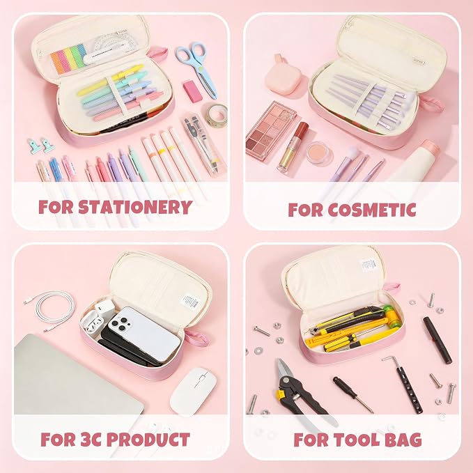 SUNEE Cute Pencil Case, Kawaii Big Capacity Pencil Pouch, Personalized Initial Pencil Bag with Zipper, Stationery Storage and Organizer, Back to School Supplies, Pen Box for Girls & Boys, Teen, E-Pink