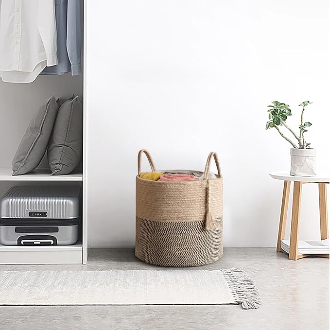 Mkono Woven Storage Basket Decorative Rope Basket Wooden Bead Decoration for Blankets,Toys,Clothes,Shoes,Plant Organizer Bin with Handles Living Room Home Decor, Yellow and Black, 16" W × 13.8"
