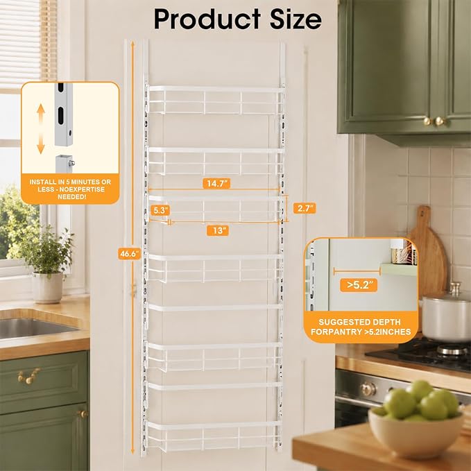 Apinol Over the Door Pantry Organizer, Adjustable 6 Tier Wide Storage Shelves with Hooks Fit Thin Doors Hold Spices Rack for Pantry Kitchen RV, White