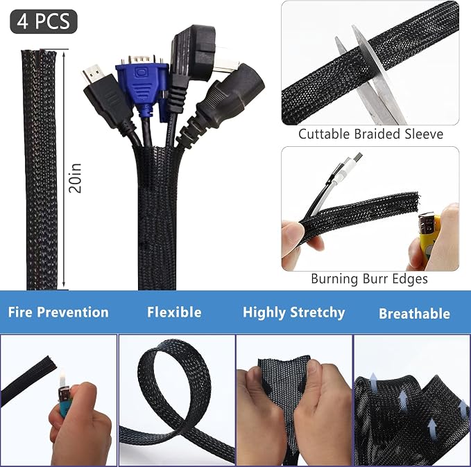 ELII 300PCS Cable Management Kit,4 Cable Sleeve 35 Cable Clips | 11Cord Holders,20 Roll Cable Organizer Straps, 200 Fastening Cable Ties,20 Cable Zip Tie Mounts for Computer TV Under Desk
