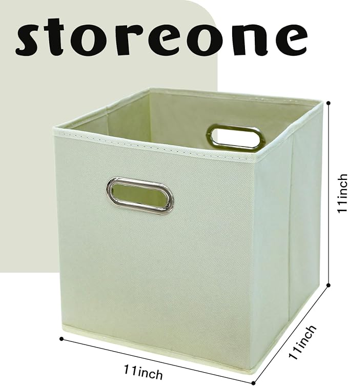 STOREONE Fabric Storage Bins Cubes Baskets Containers-(11X11X11) with Dual Handles Cube Storage Organizer Bins for Shelf Closet, Bedroom Organizers, Foldable Set of 6 (Creamy- White )