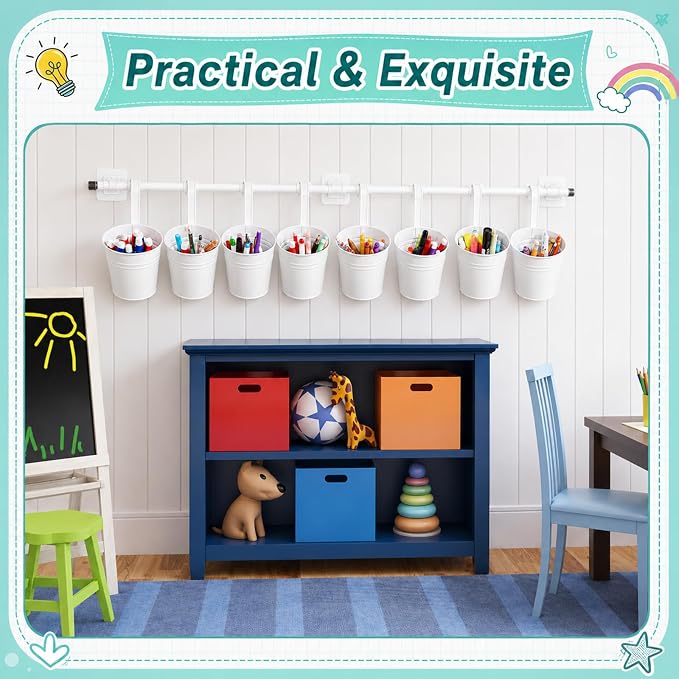 8 PCS White Metal Pencil Holder with Pipes Back to School Hanging Iron Small Pails Stationery Crayon Organizer First Day of School White Buckets Classroom Pencil Holder for Students Crafts Party Favor