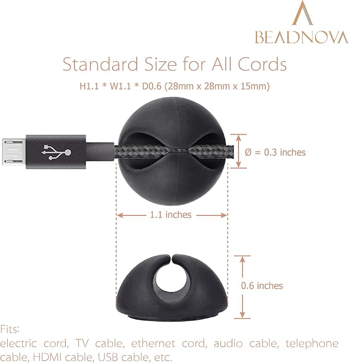 BEADNOVA Cable Clips Cord Organizer Cable Management Wire Cord Holder 1 Slots Adhesive Wire Holder for Car Charging Accessory PC Office Home (Black, 8 pcs)