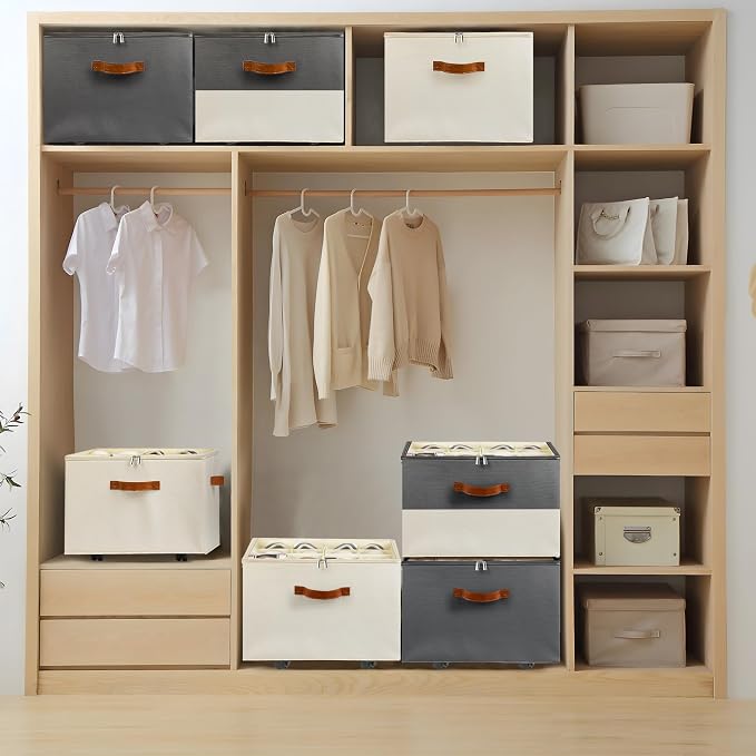 Shoe Organizer for Closet, Shoe Storage Organizer with Wheels and Adjustable Divider, Stackable Shoe Storage Box with Clear Cover, Foldable Closet Shoe Organizer Fits up to 16-32 Pairs, Gray and Beige