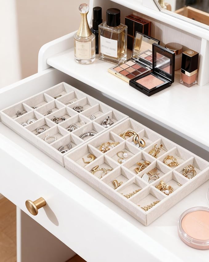 Stackable Jewelry Organizer Trays with Removable Dividers, 2-Tray Beige Jewelry Drawer Organizer Set for Earrings, Necklaces, Rings & Bracelets Gift for Her