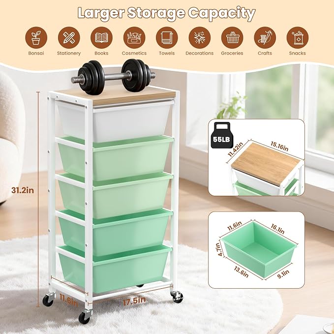 Rolling Cart with 5 Drawers, Plastic Drawer Storage Carts with Wheels & Wooden Tabletop, Metal Utility Cart for Office Bedroom Living Room Classroom, Craft Organization and Storage, Green